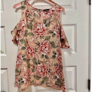 Le Château Floral Cold-Shoulder Blouse – Soft Pink and Green Print